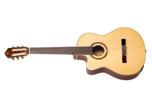 ORT-RCE138SN-L, ORTEGA NYLON STRING GUITAR, LEFT-HANDED PERFORMER SERIES, CUTAWAY/PICKUP, SOLID ALASKAN SPRUCE TOP, SAPELE BACK & SIDES, DELUXE GIGBAG