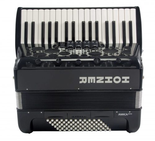 15-A38621, HOHNER AMICA FORTE III, 72-BASS PIANO ACCORDION, NEW MODEL, LMM REEDS, BLACK, WITH GIGBAG